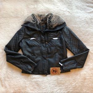 Black vegan leather moto jacket with faux fur